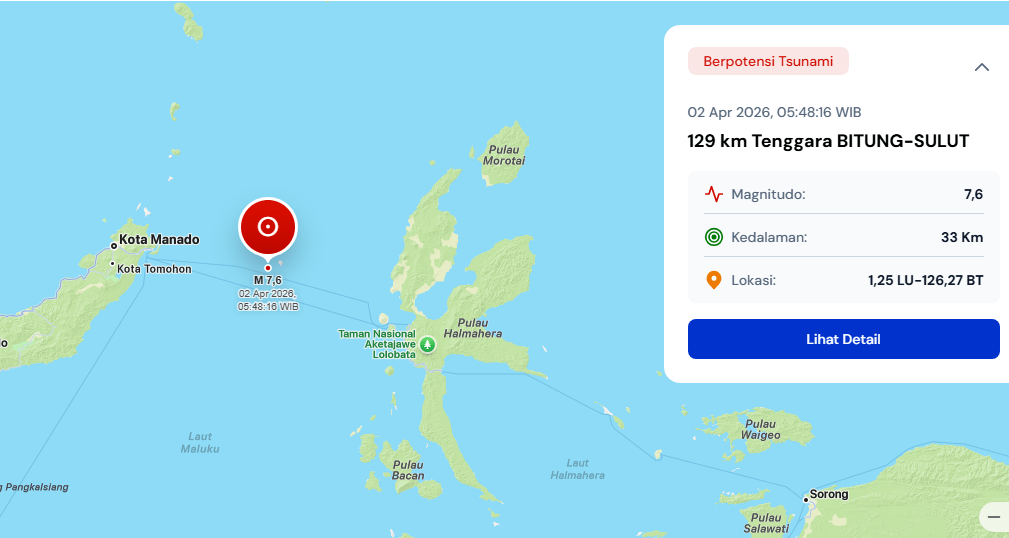 Gempa M 7,6 Guncang Tenggara Bitung, Berpotensi Tsunami